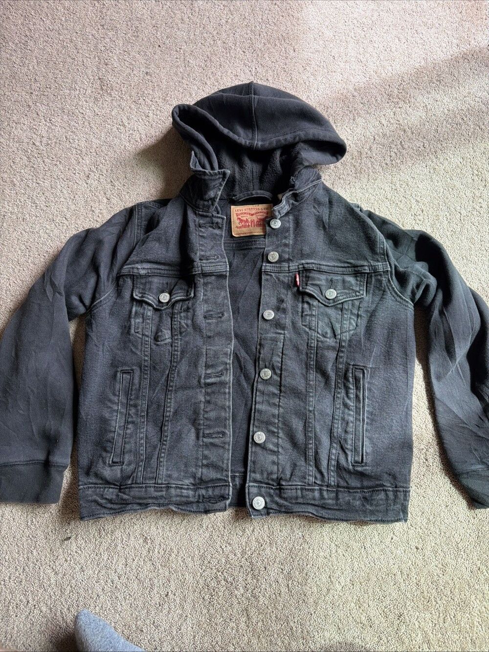 Levi’s Denim Youth Kids Original Trucker Jean Jacket + Hood Black Size Large L